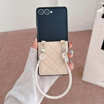 For Samsung Galaxy Z Flip 7 Phone Case,Argyle Pattern PU Leather Back,With Detachable Wrist Strap,Ultra Slim Shockproof Anti-Scratch Anti-fall Protection Rugged Phone Case,Khaki