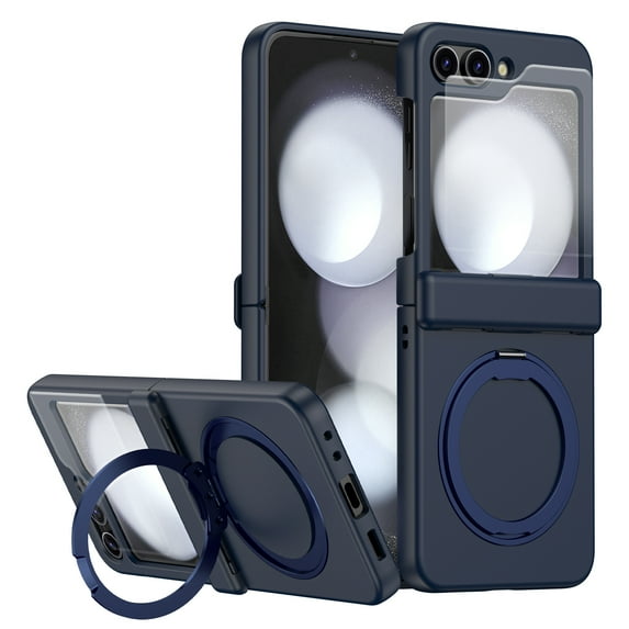 For Samsung Galaxy Z Flip 7 Phone Case,Built-in Tempered Glass Screen Protector,With 360° Rotatable Ring Kickstand,Hinge Protection,Shockproof Ultra Slim Rugged Phone Case,Darkblue