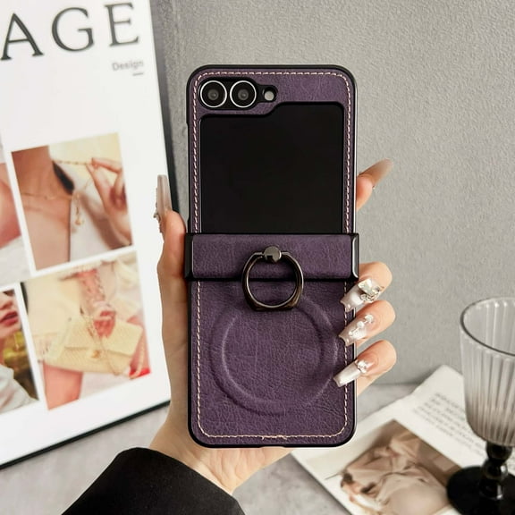 For Samsung Galaxy Z Flip 7 Phone Case,Compatible with Mag-safe,With Hinge Protection,360°Rotatable Finger Ring kickstand,Anti-Scratch PU Leather Shockproof Durable Phone Case,Purple