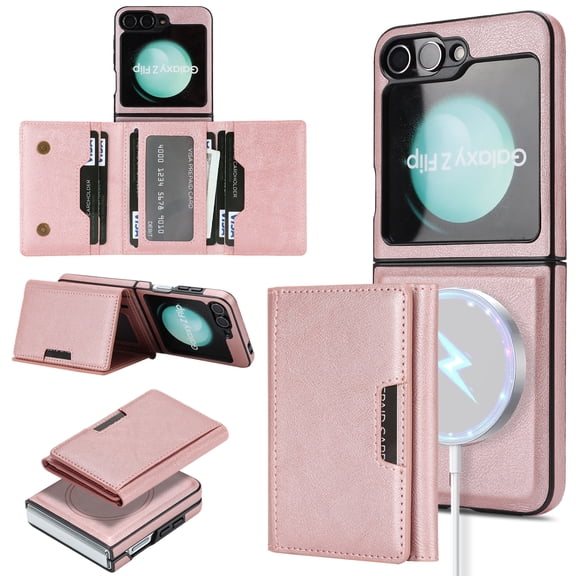 for Samsung Galaxy Z Flip 7 Wallet Case with 7 Card Slots, Detachable Magnetic Back Cover, Premium PU Leather Kickstand Drop Protective Shockproof Classic Flip Case for Galaxy Z Flip 7, Rosegold