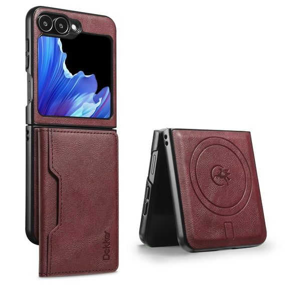 For Samsung Galaxy Z Flip 7 Wallet Phone Case,2-in-1 Magnetic Detachable Card Holder,Compatible with Mag-Safe,With Card Slots,Kickstand,PU Leather Anti-Drop Shockproof Phone Case,Winered