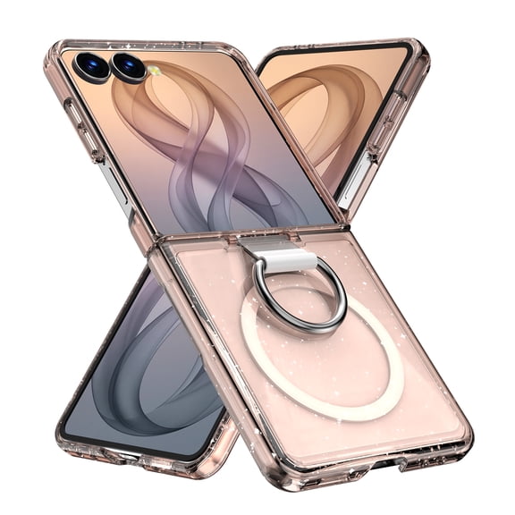 Case for Samsung Galaxy Z Flip 8, Magnetic with Leather Ring, MagSafe Compatible, Slim, Glitter Gold