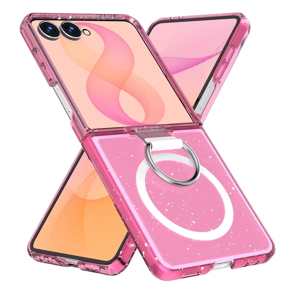 Case for Samsung Galaxy Z Flip 8, Magnetic with Leather Ring, MagSafe Compatible, Slim, Glitter Pink