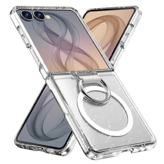 Case for Samsung Galaxy Z Flip 8, Magnetic with Leather Ring, MagSafe Compatible, Slim, Glitter Clear