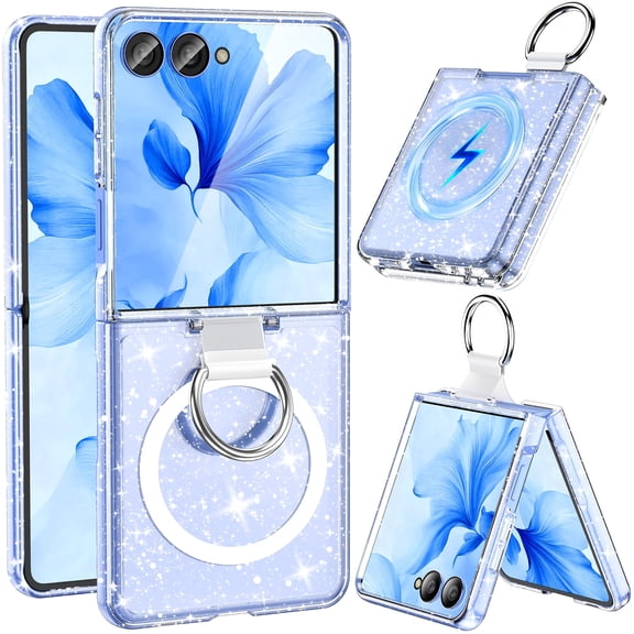 for Samsung Galaxy Z Flip 8 Case, Z Flip8 with Ring, [Compatible with MagSafe], Military Drop Protection, Glitter Bling Sparkly Slim Fit Hard PC Rugged Case for Z Flip8, Glitter Clear