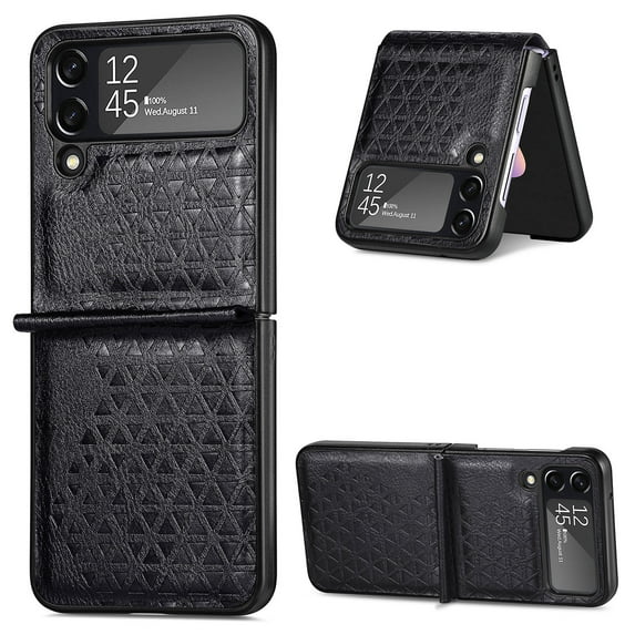 for Samsung Galaxy Z Flip4 Folding Case with Kickstand Premium PU Leather Slim Cover, Compatible with MagSafe Wireless Charging, Anti-Slip Stripe Microfiber Lining TPU Shockproof Case, Black