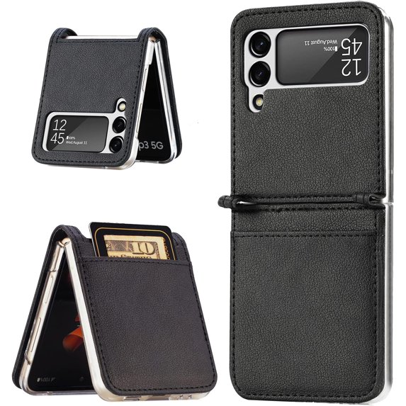 for Samsung Galaxy Z Flip4 Phone Case with Card Holder, PC Hard Shockproof Back Cover Slim Durable Protective PU Leather Phone Case for Samsung Galaxy Z Flip 4 5G PZ Black