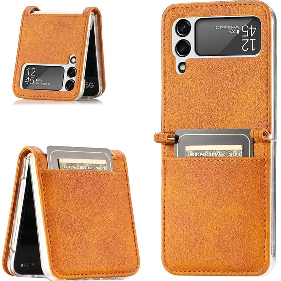for Samsung Galaxy Z Flip4 Phone Case with Card Holder, PC Hard Shockproof Back Cover Slim Durable Protective PU Leather Phone Case for Samsung Galaxy Z Flip 4 5G PZ Brown