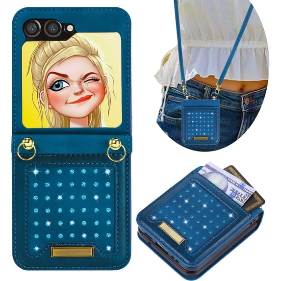 for Samsung Galaxy Z Flip5 Crossbody Wallet Case for Women, Bling Glitter PU Leather Phone Case with RFID Blocking Card Holder Cover for Samsung Galaxy Z Flip 5 SZ Blue