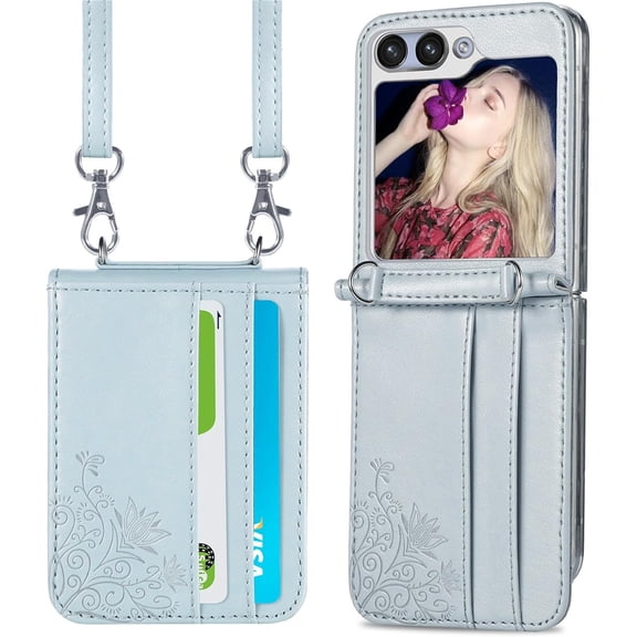 for Samsung Galaxy Z Flip5 Wallet Case with Card Holder, Luxury PU Leather Protective Cover Removable Adjustable Shoulder Neck Strap Case for Samsung Galaxy Z Flip 5 Crossbody Grey