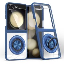 for Samsung Galaxy Z Flip6 Crystal Clear Case with MagSafe, Slim Protective Military Grade Shockproof Cover with Multi-function Rotation Ring Kickstand, Support Magnetic Car Mount Case, Darkblue