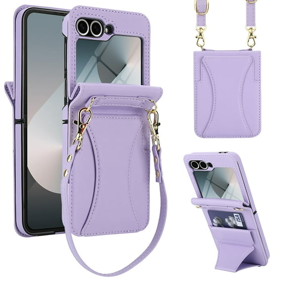 For Samsung Galaxy Z Flip7 Crossbody Wallet Case,Built-in Tempered Film,With Contractile Kickstand,Card Holder,Wrist Strap&Shoulder Strap,PU Leather Shockproof Phone Case,Purple