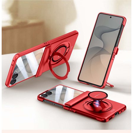 For Samsung Galaxy Z Flip8 Phone Case,360°Rotatable Ring Kickstand,With Hinge Protection,Built-in Front Screen Protector,Rebound Hand Strap,Shockproof Non-slip Rugged Phone Case,Red