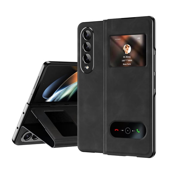 for Samsung Galaxy Z Fold 2 Case,Leather Cover Slim Clear Window View Shockproof Thin Cover with Kickstand Anti-Scratch Protective Phone Case Compatible with Samsung Galaxy Z Fold 2, Black