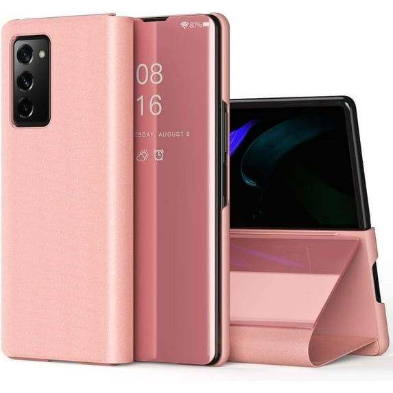 Samsung Galaxy Z Fold 2 Case, Luxury Mirror Design Clear View Smart Window Screen Display Case Support Wireless Charging Flip Phone Cover for Samsung Galaxy Z Fold 2 QH Rose Gold