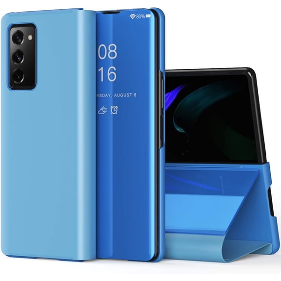 Samsung Galaxy Z Fold 2 Case, Luxury Mirror Design Clear View Smart Window Screen Display Case Support Wireless Charging Flip Phone Cover for Samsung Galaxy Z Fold 2 5G QH Blue