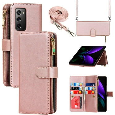for Samsung Galaxy Z Fold 2 Crossbody Wallet Case with Card Holder,Stand Kickstand,Lanyard Strap,Magnetic Closure,RFID Blocking Flip Leather Wallet Casas for Women Ladies - Pink
