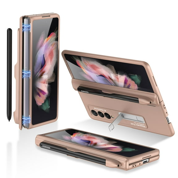 Samsung Galaxy Z Fold 3 2021 Case with S Pen Holder, Ultra Slim Magnetic Kickstand Shockproof Rugged Full Body Protective Cover, Gold