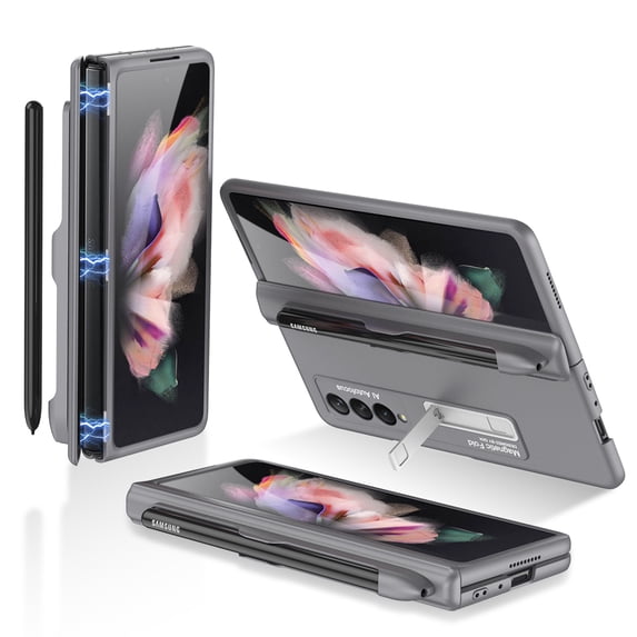Samsung Galaxy Z Fold 3 2021 Case with S Pen Holder, Ultra Slim Magnetic Kickstand Shockproof Rugged Full Body Protective Cover, Gray