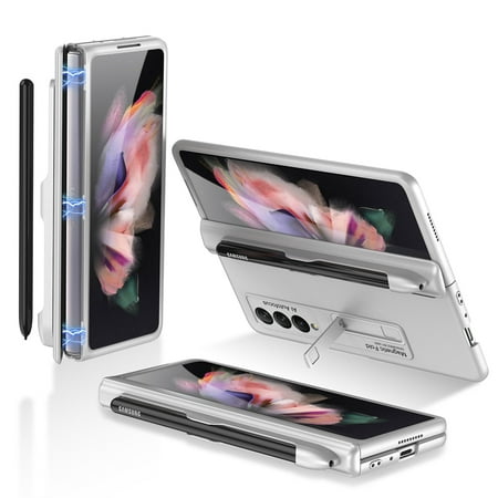 Samsung Galaxy Z Fold 3 2021 Case with S Pen Holder, Ultra Slim Magnetic Kickstand Shockproof Rugged Full Body Protective Cover, Silver