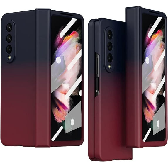for Samsung Galaxy Z Fold 3 5G Case, with Glass Screen Protector & Hinge Protection Gradient Color Z Fold3 Phone Case Cover Women Men Hard Slim Thin for Galaxy Z Fold 3 Case (Black Wine Red)