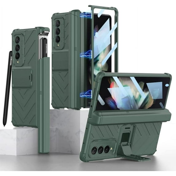 for Samsung Galaxy Z Fold 3 5G Case Kickstand Slide s Pen Slot with Glass Screen Protector Film Magnetic Hinge Protection Armor Bracket fold3 Cover for Galaxy Fold 3 Phone Case (Green,Z Fold 3)