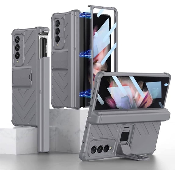 for Samsung Galaxy Z Fold 3 5G Case Kickstand Slide s Pen Slot with Glass Screen Protector Film Magnetic Hinge Protection Armor Bracket fold3 Cover for Galaxy Fold 3 Phone Case (Gray,Z Fold 3)