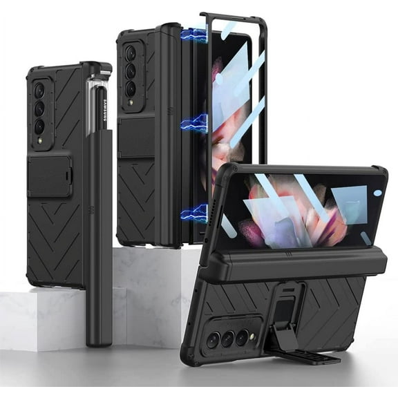 For Samsung Galaxy Z Fold 3 5G Case Kickstand Slide s Pen Slot with Glass Screen protector Film Magnetic Hinge Protection  Bracket fold3 Cover for galaxy Fold 3 phone Case (black,Z Fold 3)