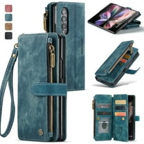 for Samsung Galaxy Z Fold 3 5G  Case, Samsung Z Fold 3 Wallet Case for Women Men, Sturdy PU Leather Magnetic Flip Zipper Card Holder Wristlet Strap Kickstand Phone Case for Galaxy Z Fold 3 5G, Blue