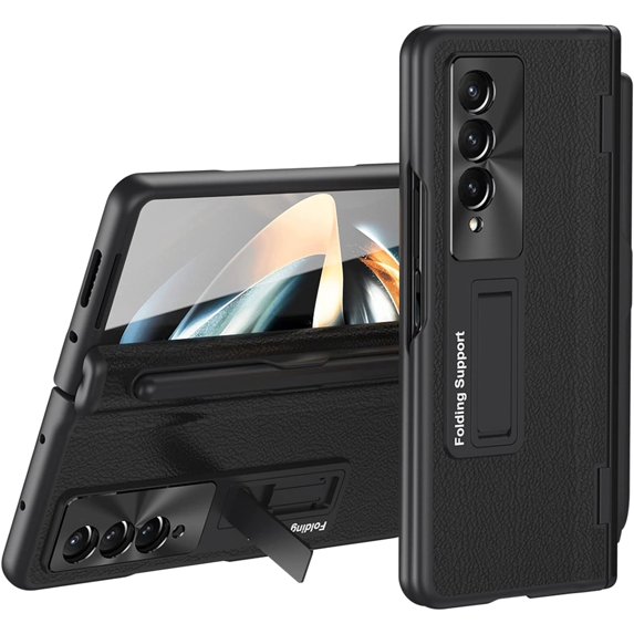 for Samsung Galaxy Z Fold 3 5G Case with Screen Protector, S Pen Slot & Stylus Hinge Design Fine Leather Protective Phone Case with Kickstand Casefor Galaxy Z Fold 3 5G, Black