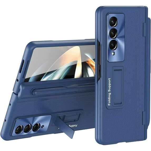 for Samsung Galaxy Z Fold 3 5G Case with Screen Protector, S Pen Slot & Stylus Hinge Design Fine Leather Protective Phone Case with Kickstand Casefor Galaxy Z Fold 3 5G, Blue
