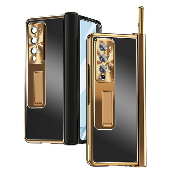 for Samsung Galaxy Z Fold 3, Aluminium Alloy Plating Double Magnetic Hinge Protection with S Pen Holder with Screen Protector Full Body Protection for Samsung Galaxy Z Fold 3 - Black + Dark Gold