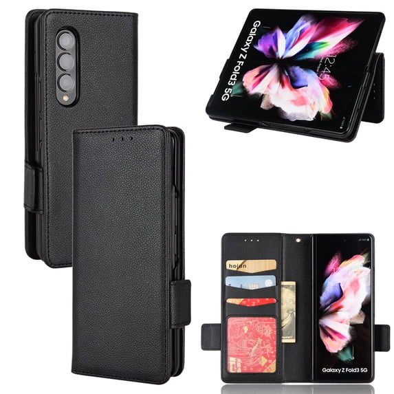 for Samsung Galaxy Z Fold 3 Case, Classic Design PU Leather Wallet Magnetic Closure Flip Case with Kickstand Card Holder Slot Shockproof Protective Cover for Samsung Galaxy Z Fold 3 5G - Black