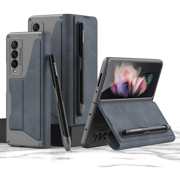 for Samsung Galaxy Z Fold 3 Case, Flip Wallet Card Slots, Removable S-Pen Holder Bracket Slot Stand Retro PU Leather Z Fold 3 Phone Case,Durable for Galaxy Z Fold 3 5G Case (Gray,Samsung Z Fold3)