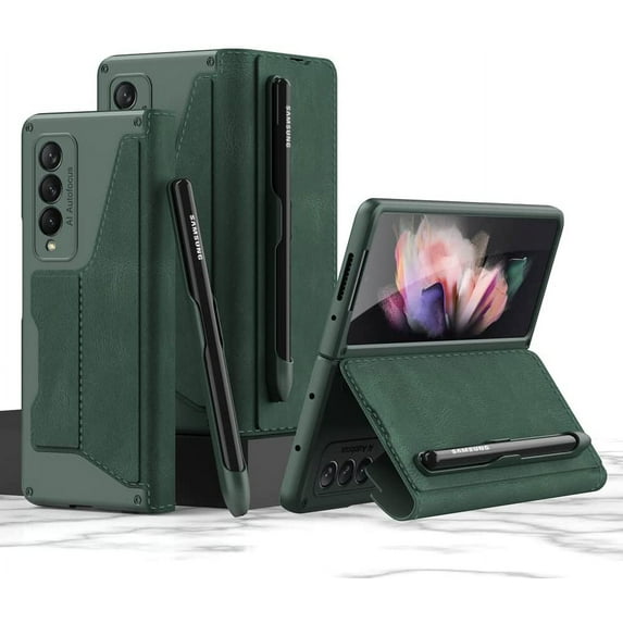 for Samsung Galaxy Z Fold 3 Case, Flip Wallet Card Slots, Removable S-Pen Holder Bracket Slot Stand Retro PU Leather Z Fold 3 Phone Case,Durable for Galaxy Z Fold 3 5G Case (Green, Samsung Z Fold3)