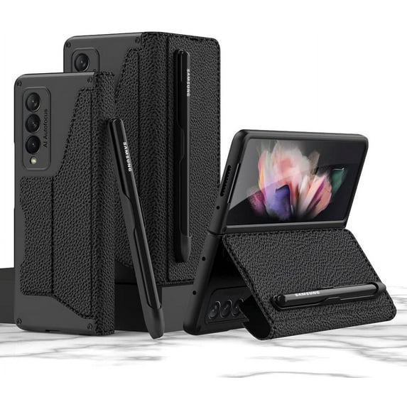 for Samsung Galaxy Z Fold 3 Case, Flip Wallet Card Slots, Removable S-Pen Holder Bracket Slot Stand Retro PU Leather Z Fold 3 Phone Case,Durable for Galaxy Z Fold 3 5G Case (Litchi, Samsung Z Fold3)