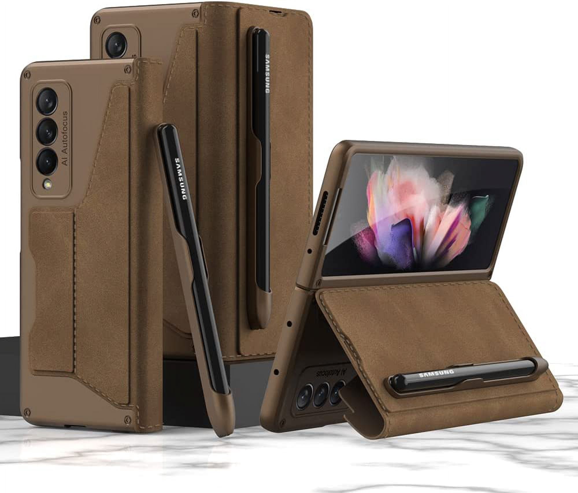 for Samsung Galaxy Z Fold 3 Case, Flip Wallet Card Slots, Removable S-Pen Holder Bracket Slot Stand Retro PU Leather Z Fold 3 Phone Case,Durable for Galaxy Z Fold 3 5G Case (Brown, Samsung Z Fold3)