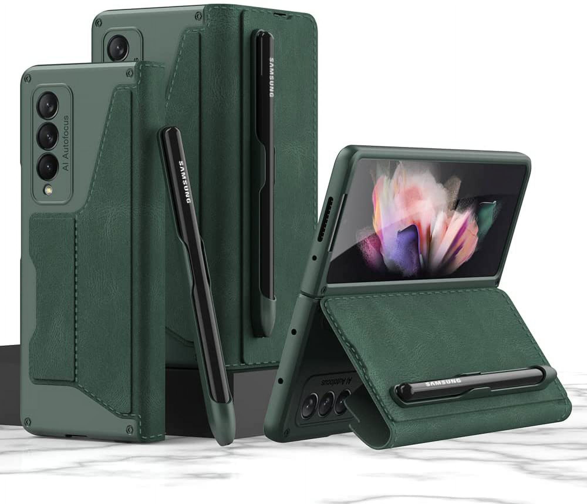 for Samsung Galaxy Z Fold 3 Case, Flip Wallet Card Slots, Removable S-Pen Holder Bracket Slot Stand Retro PU Leather Z Fold 3 Phone Case,Durable for Galaxy Z Fold 3 5G Case (Green, Samsung Z Fold3)