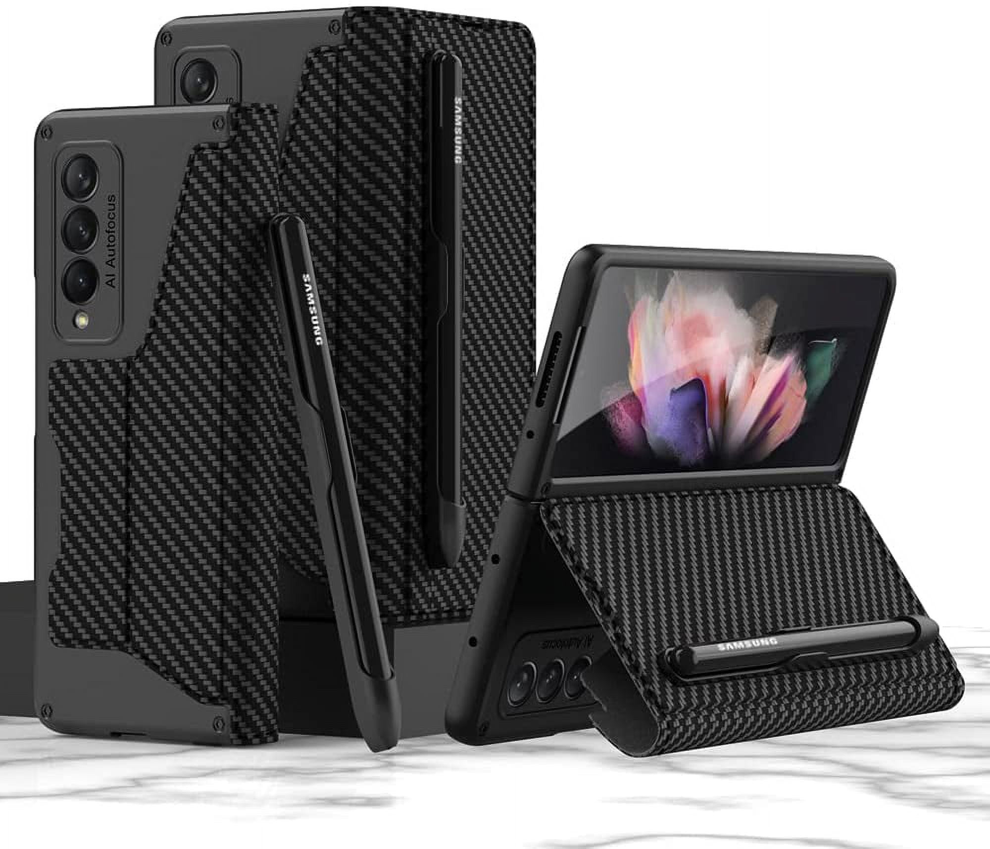 for Samsung Galaxy Z Fold 3 Case, Flip Wallet Card Slots, Removable S-Pen Holder Bracket Slot Stand Retro PU Leather Z Fold 3 Phone Case,Durable for Galaxy Z Fold 3 5G Case (Carbon, Samsung Z Fold3)
