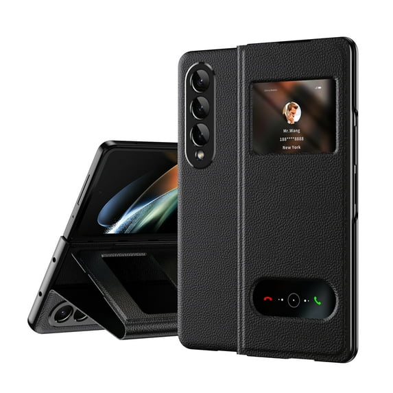 for Samsung Galaxy Z Fold 3 Case,Leather Cover Slim Clear Window View Shockproof Thin Cover with Kickstand Anti-Scratch Protective Phone Case Compatible with Samsung Galaxy Z Fold 3, Black#1