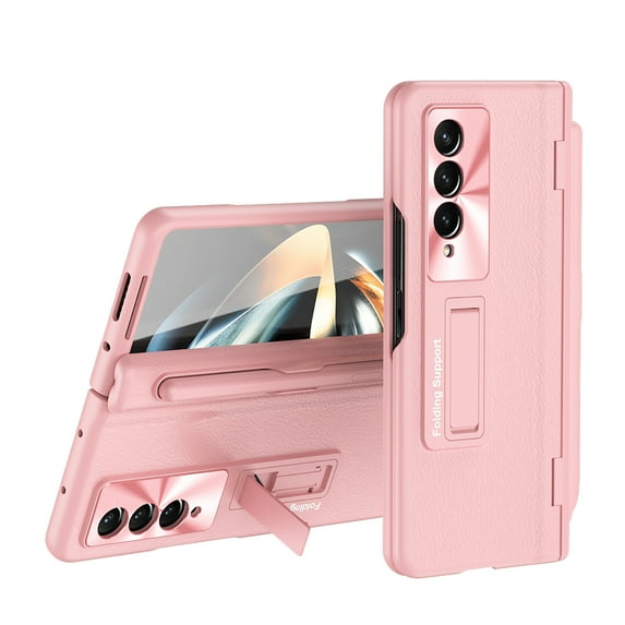for Samsung Galaxy Z Fold 3 Case with Magnetic Hinge Protection, Stylus Holder & Stylus, Built-in Screen Protector Adjustable Stand Shockproof Thin PU Leather + Hard PC Folding Cover, Pink