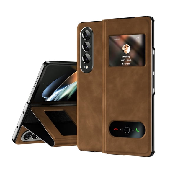 for Samsung Galaxy Z Fold 3 Case, Premium Leather Shockproof Case Magnetic Closure Kickstand Folio Protective Phone Cover with Window View For Samsung Galaxy Z Fold 3,Brown