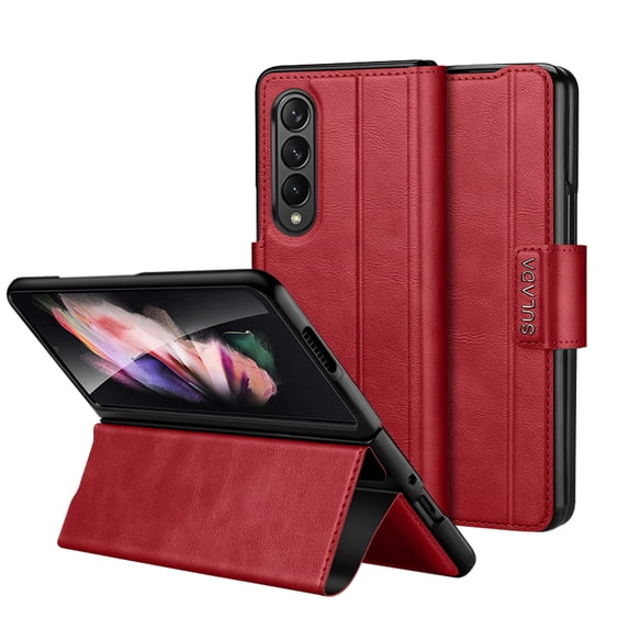 for Samsung Galaxy Z Fold 3 Classic PU Leather Folding Case, Skin Friendly Magnetic Closure Kickstand Ultra Slim Shockproof Protective Phone Case Cover for Samsung Galaxy Z Fold 3 - Red