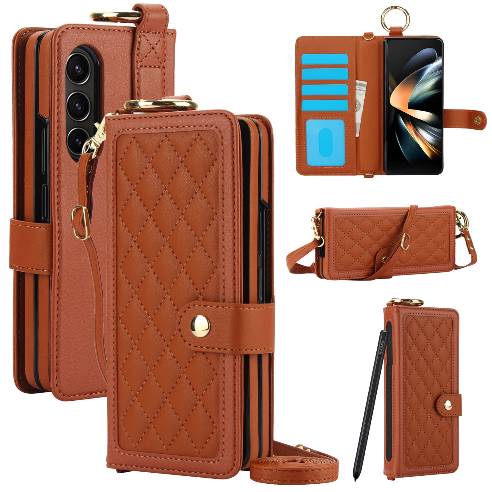 for Samsung Galaxy Z Fold 3 Crossbody Wallet Case, RFID Blocking Card Slots, Ring Buckle Luxury PU Leather Flip Phone Case with Pen Slot Lanyard Strap Wristband Kickstand Cover, Brown