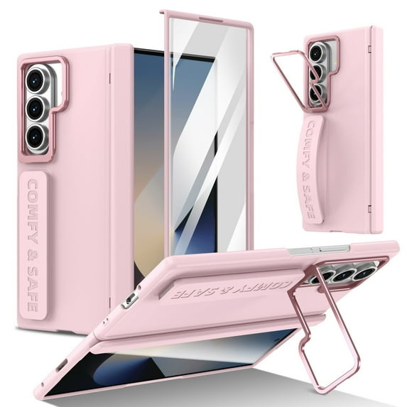 For Samsung Galaxy Z Fold 3 with Lens Folded Kickstand, Shockproof Full-body Case Built-in Tempered Glass Screen Protector Rugged Wristband Grip Magnetic Hinge Protection Cover,Pink