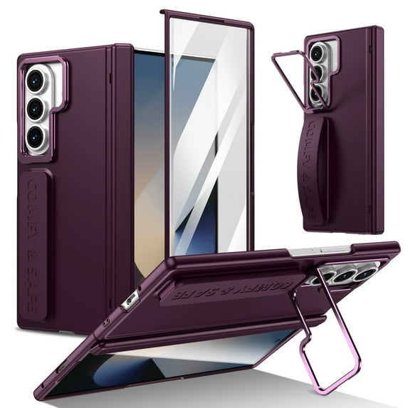 For Samsung Galaxy Z Fold 3 with Lens Folded Kickstand, Shockproof Full-body Case Built-in Tempered Glass Screen Protector Rugged Wristband Grip Magnetic Hinge Protection Cover,Winered