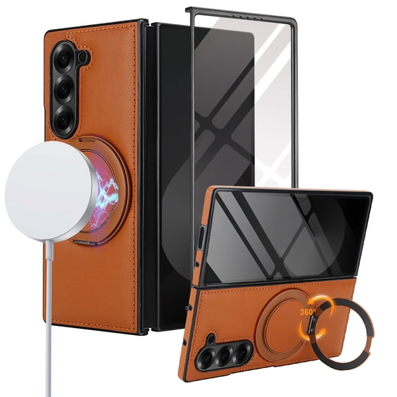 for Samsung Galaxy Z Fold 3 Magnetic Case with Ring Stand, Rugged Case Support Wireless Charging, Built-in Screen Protector, PU Leather Shockproof Full Body Protective Cover, Brown