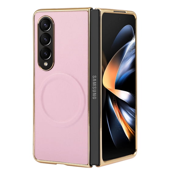 For Samsung Galaxy Z Fold 3 Magnetic Phone Case,Made From PU Leather + Hard PC,Luxurious Electroplated Frame Designing,Ultra Slim Thin Fit Shockproof Rugged Phone Case,Pink