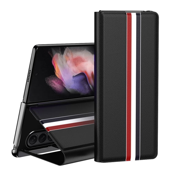 for Samsung Galaxy Z Fold 3 PU Leather Folding Case, Stylish Thin Fit Shockproof Drop Protective Kickstand Card Slots Phone Case Cover for Samsung Galaxy Z Fold 3, Black