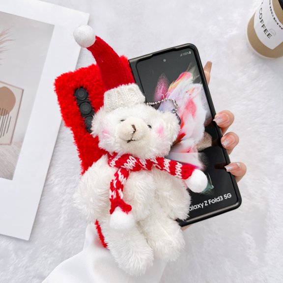 for Samsung Galaxy Z Fold 3 Plush Christmas Xmas Bear Design Case,Stylish Lovely Cute Cartoon Fluffy Gift Winter Warm Furry Hybrid TPU Shockproof Slim Back Cover for Men Women.Red
